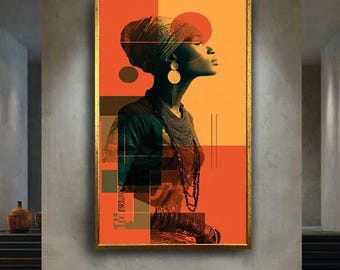 Modern African Woman Wall Art, Abstract Orange Toned Afrocentric Portrait with Tribal Jewelry for Bold Boho Home Decor Style