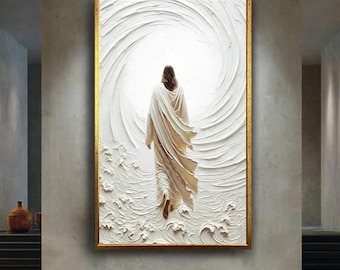 Jesus's Walking Towards the Light Canvas Painting, Spiritual Christian Wall Decor, White Divine Faith Religious Print, for Home or Chapel