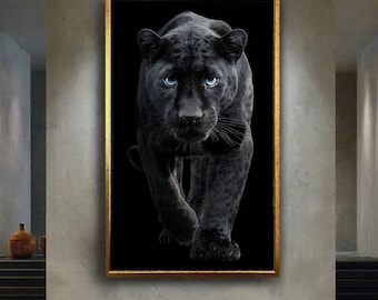 Black Panther Wall Art Print, Blue Eyes Wild Cat Canvas Art, Minimalist Animal Portrait, Dark Jungle Wildlife Room Decor