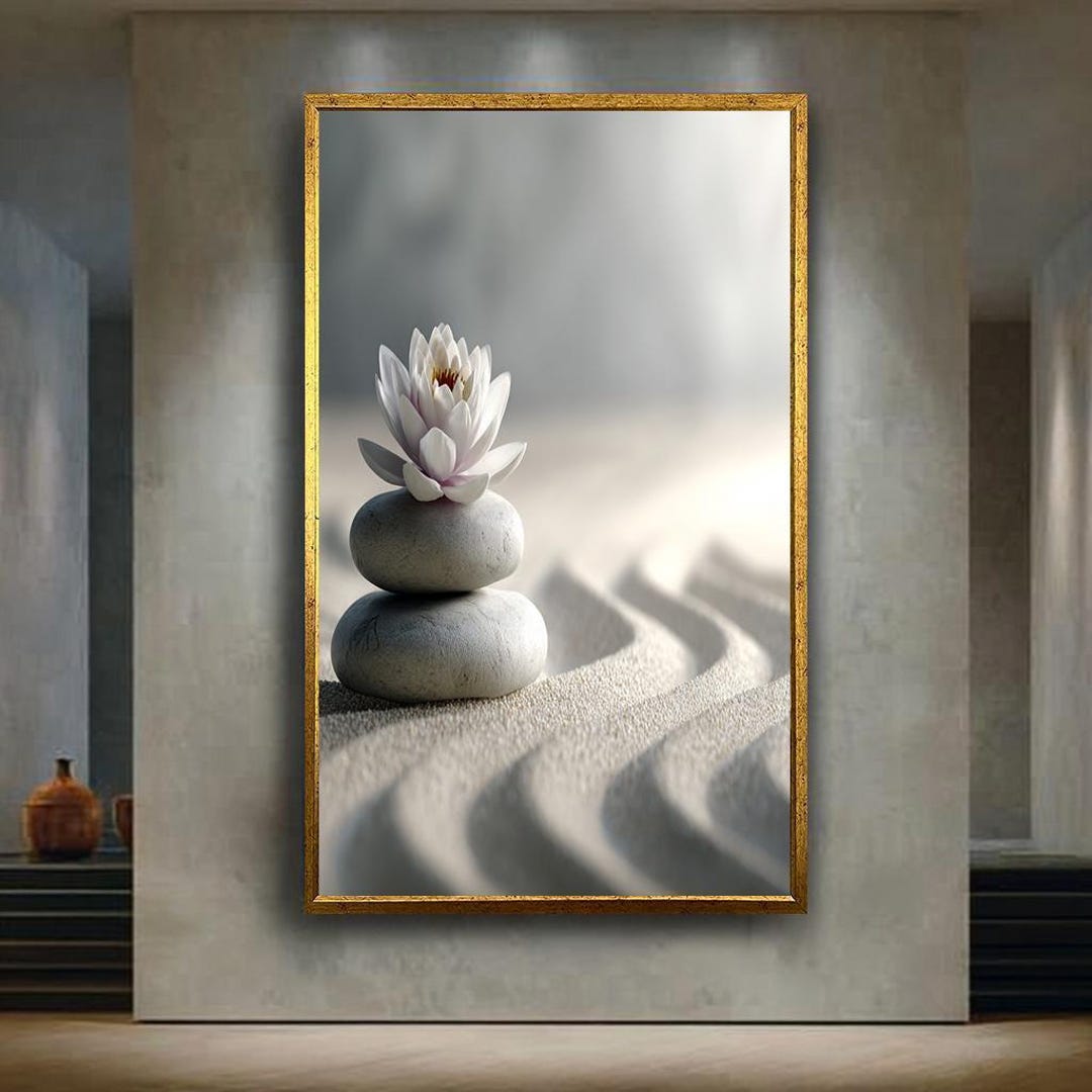 White Lotus Zen Wall Art Print – Stacked Stones in Sand Garden Canvas ...