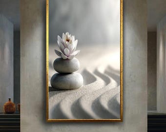 White Lotus Zen Wall Art Print – Stacked Stones in Sand Garden Canvas – Minimalist Spa Meditation Poster – Peaceful Home Decor