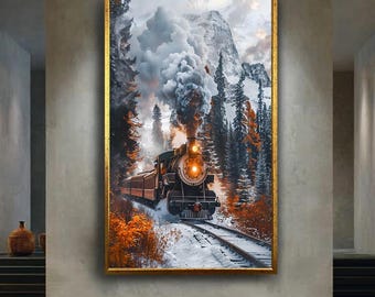 Vintage Steam Train Canvas Wall Art – Winter Mountain Railway Scenic Print, Nostalgic Locomotive Landscape Decor for Home or Office