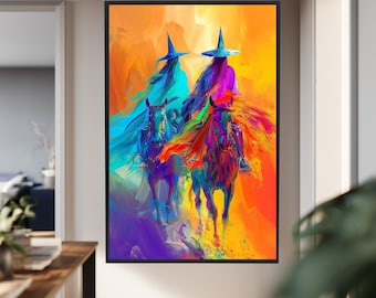 Colorful Witch Riders Canvas Wall Art with Vibrant Horses and Abstract Brush Strokes, Fantasy Magic Art Print for Bold Home Decor