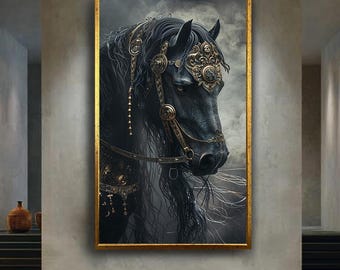 Mystical Black Horse Wall Art Fantasy Canvas Print Royal Gold Armor Poster for Gothic Animal Decor or Medieval Gift Idea