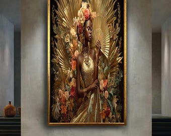 Elegant African Woman Canvas Wall Art with Gold Dress and Floral Crown, Luxury Glamour Portrait Home Decor for Living Room
