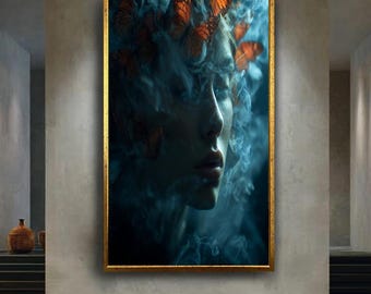 Dark Fantasy Butterfly Woman Canvas Wall Art – Mystical Surreal Portrait with Smoke – Ethereal Feminine Print for Gothic Home Decor