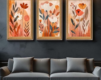 Modern Floral Canvas Wall Art Set of 3, Abstract Botanical Prints in Warm Orange and Terracotta Tones, Boho Style Wall Decor