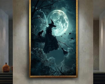 Witch and Cat Flying in Front of Full Moon Canvas Wall Art – Mystical Halloween Night Print for Gothic, Spooky or Fantasy Room Decor