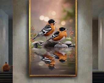 Realistic Bird Wall Art Print, Nature Reflection Canvas Art, Tranquil Orange Birds on River Rocks, Wildlife Home Decor Artwork