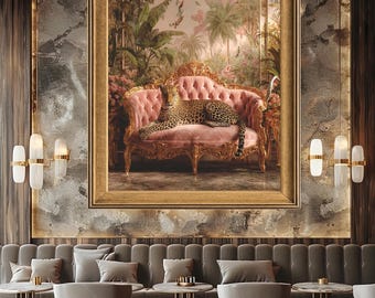 Luxury Leopard Canvas Wall Art Exotic Jungle Cat on Pink Velvet Sofa with Tropical Flowers and Baroque Gold Glam Decor Print