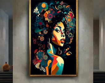 Afro Woman Pop Art Digital Portrait Colorful Retro Style Poster Abstract Female Wall Print For Studio Room Or Bold Home Decor