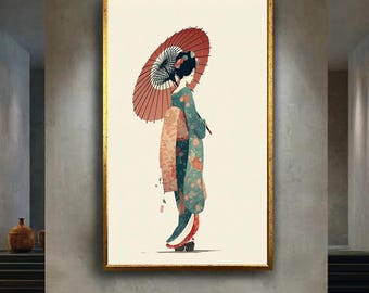 Japanese Geisha Wall Art Print – Minimalist Kimono Woman Canvas Poster – Traditional Asian Culture Decor – Modern Japan Wall Artwork
