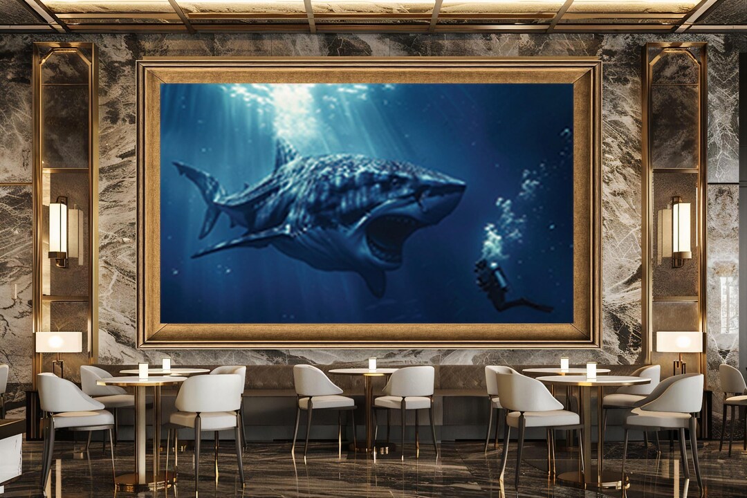 Giant Shark and Diver Wall Art Print, Deep Ocean Adventure Canvas Art ...
