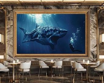 Giant Shark and Diver Wall Art Print, Deep Ocean Adventure Canvas Art, Underwater Sea Life Artwork for Marine Decor Lovers