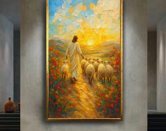 Jesus the Good Shepherd Canvas Wall Art, Christian Religious Painting with Sheep and Sunset, Spiritual Artwork for Faith Home Decor