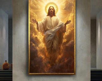 Jesus Christ Ascending in Golden Light Canvas Wall Art | Inspirational Christian Religious Home Decor