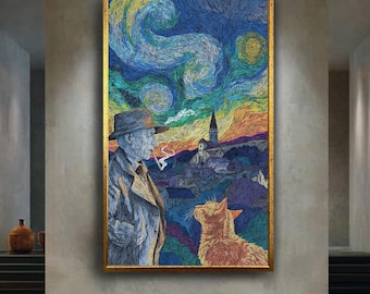 Starry Night Cat and Man Canvas Wall Art – Van Gogh Inspired Emotional Landscape – Whimsical Cat Lover Print for Moody Home Decor
