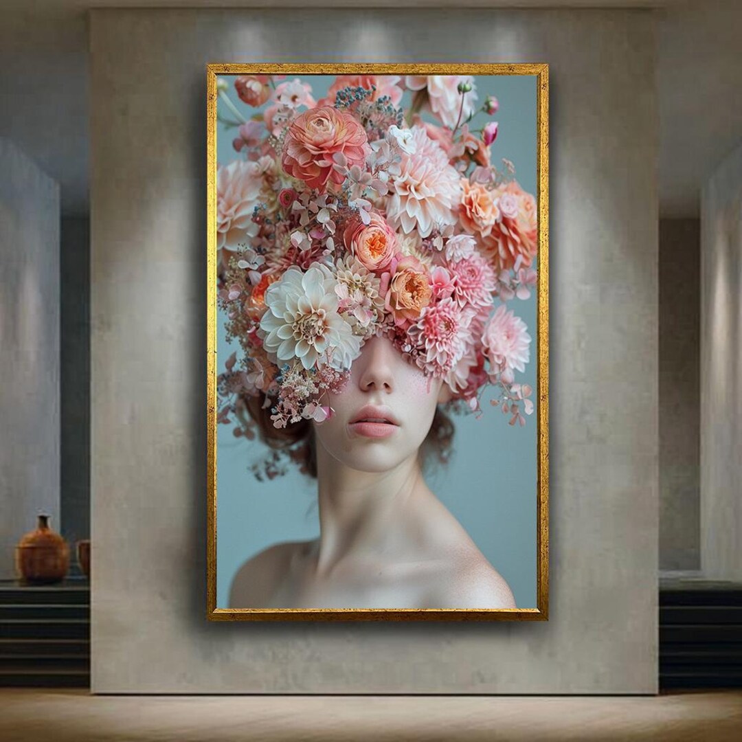 Pastel Floral Woman Portrait Canvas Wall Art, Botanical Flower Crown ...