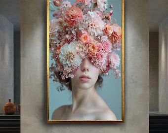 Pastel Floral Woman Portrait Canvas Wall Art, Botanical Flower Crown Artwork for Home Decor, Romantic Bohemian Gift for Art Lovers