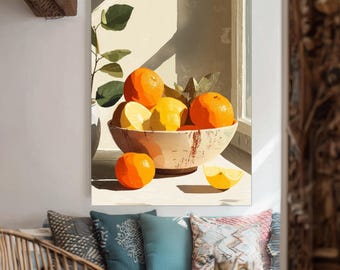 Rustic Citrus Fruit Bowl Canvas Print With Lemons And Oranges Sunlit Still Life Wall Art For Kitchen Or Country Style Home Decor