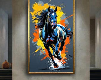 Running horse canvas wall art, abstract animal painting print, bold colorful artwork, western style home decor, equestrian wall gift