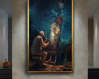 Starry Night Painter Canvas Wall Art – Cosmic Artist Painting the Galaxy Under Stars Fantasy Print for Dreamy and Creative Home Decor