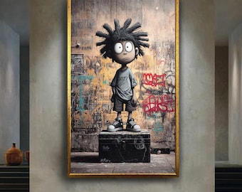 Street Art Style Cartoon Wall Art Print, Urban Graffiti Boy Canvas Poster, Edgy Pop Art Illustration for Cool Room Decor