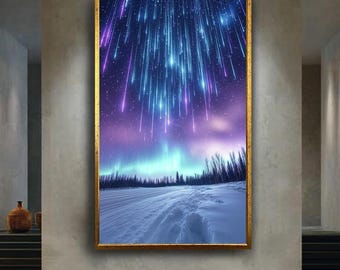 Northern Lights Snow Landscape Wall Art | Magical Meteor Shower Night Sky Print | Dreamy Winter Forest Canvas for Home or Office