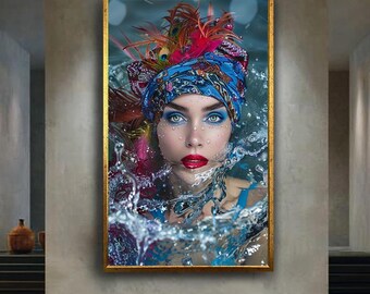 Exotic Woman Canvas Wall Art – Colorful Headwrap and Feather Headdress Portrait, Vibrant Water Splash Print for Modern Home Decor