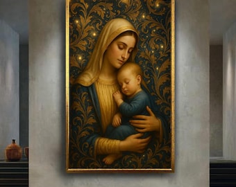 Holy Mother and Child Canvas Wall Art, Madonna Style Christian Print, Sacred Religious Artwork for Prayer Room or Home Decor