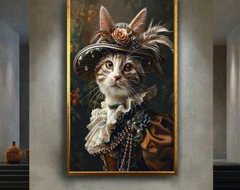 Renaissance Cat Wall Art Canvas Print – Funny Regal Cat Portrait in Victorian Outfit – Vintage Animal Canvas for Cat Lovers Home Decor