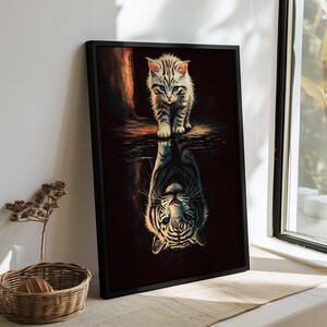 Kotek widzi odbicie tygrysa sztuka cyfrowa motywacyjny plakat zwierzęcy wewnętrzna siła wydruk ścienny do pokoju dziecięcego w biurze lub inspirujący wystrój
