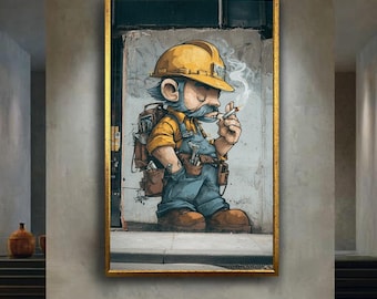 Graffiti Worker Canvas Wall Art – Urban Street Art Character with Tools and Hard Hat – Gritty Blue-Collar Mural Style Print for Cool Decor