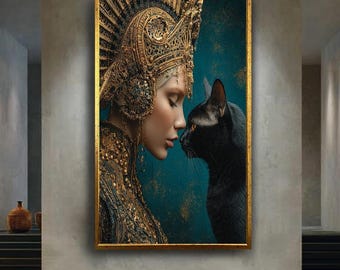 Royal Woman with Black Cat Canvas Art, Gold Headdress Portrait Wall Decor, Mystical Bohemian Print for Elegant Home Styling