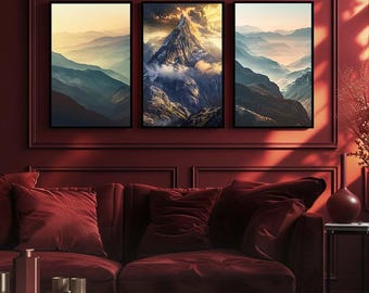 Majestic Mountain Wall Art Set of 3 – Sunset Landscape Canvas Prints with Misty Peaks – Nature-Inspired Wall Decor for Living Room or Office