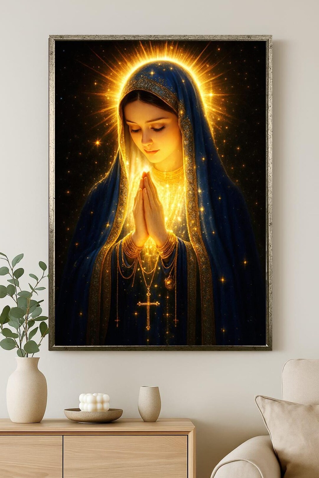 Holy Virgin Mary Canvas Wall Art – Glowing Madonna in Prayer ...
