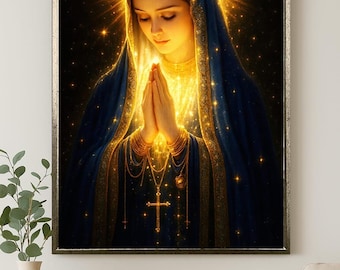Holy Virgin Mary Canvas Wall Art – Glowing Madonna in Prayer | Spiritual Christian Decor | Gold and Blue Religious Artwork Print