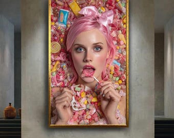 Candy Girl Pop Art Poster, Kawaii Sweet Aesthetic Wall Print, Pink Hair Lollipop Portrait, Colorful Canvas Art Decor