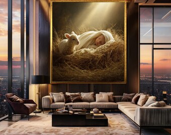 Newborn Baby and Lamb Canvas Wall Art with Soft Light and Straw Nest – Peaceful Religious Nativity Style Nursery Decor Print