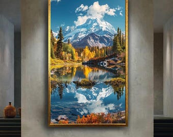 Mountain Lake Autumn Reflection Canvas Wall Art – Snow Peaks and Fall Forest Landscape Nature Scene for Cabin or Home Decor