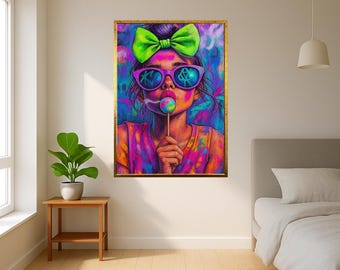 Neon Girl With Lollipop Wall Art Print - Colorful Pop Art Portrait Poster - Vibrant Street Style Canvas - Funky Urban Room Decor