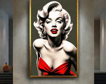 Hollywood Icon Wall Art Canvas, Retro Glamour Woman in Red Dress Illustration, Vintage Starlet Pop Art Style Poster for Classic Decor