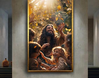Spiritual Canvas Wall Art of Kind Teacher with Children in Forest Light, Faith-Based Inspirational Print for Christian Home Decor