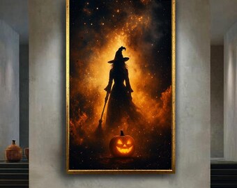 Halloween Witch and Pumpkin Canvas Wall Art, Spooky Jack O Lantern Print, Dark Fantasy Artwork for Gothic or Seasonal Home Decor