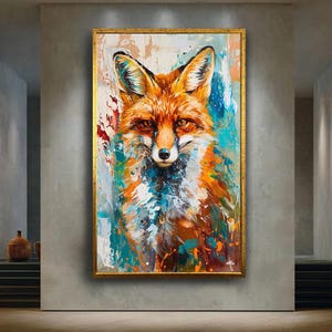 Bunter Fuchs-Leinwandkunst mit modernen abstrakten Farbspritzern, lebendiges Wildtier-Porträt für die rustikale und natürliche Wohnkultur