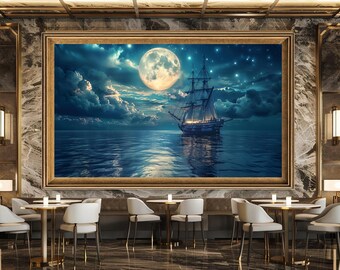 Moonlight Sailing Ship Wall Art Print, Fantasy Ocean Night Canvas Art, Starry Sky Nautical Artwork for Dreamy Home Decor