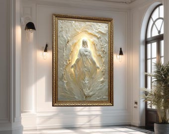 Jesus Resurrection Wall Art in White and Gold, Divine Christian Canvas of Faith and Light for Sacred and Spiritual Home Decor