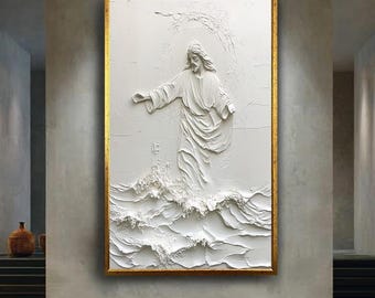 Jesus Walking on Water Wall Art Print, Minimalist Christian Canvas Art, White Religious Artwork, Spiritual Faith Decor