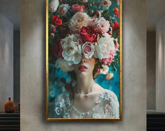 Romantic Floral Woman Portrait Canvas Wall Art, Botanical Flower Crown Artwork for Home Decor, Bohemian Gift for Art Lovers
