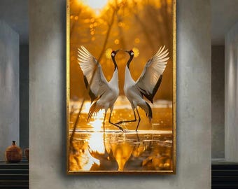 Dancing Crane Birds Canvas Wall Art Print with Golden Sunset Reflections, Elegant Wildlife Artwork for Romantic or Nature Inspired